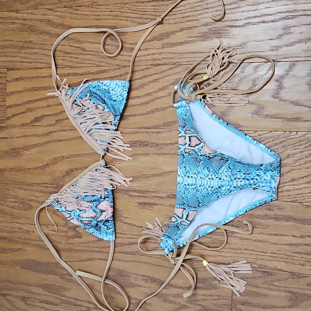 Fringe Triangle Bikini Set in Aqua Snake Print